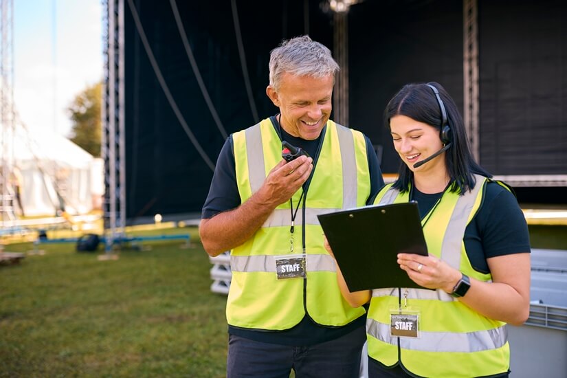 Event staff communication using walkie talkies